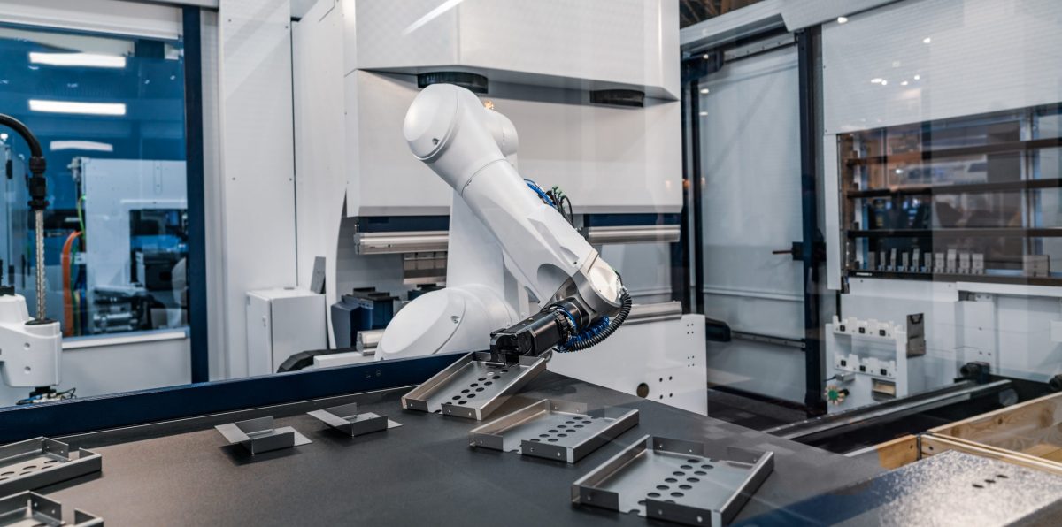 Robotic Arm production lines modern industrial technology. Automated production cell.